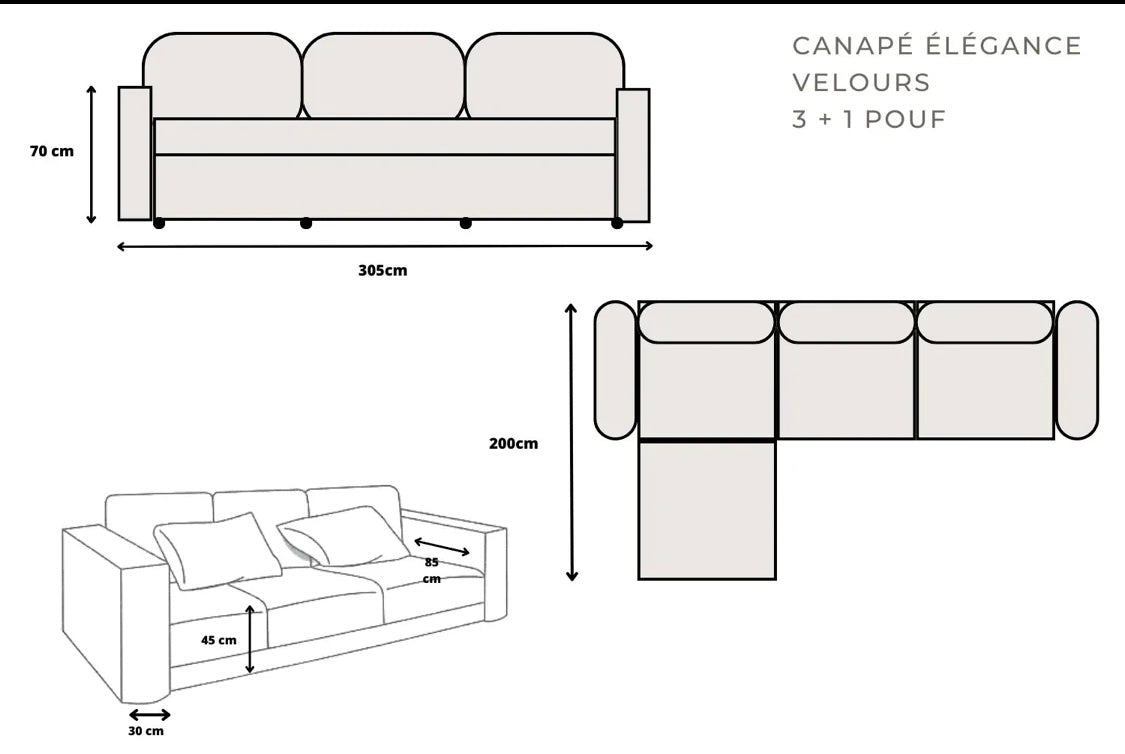 Canapé Modulable En Velours Anti Tâches - Lila 3+1 pouf & 4+1 pouf