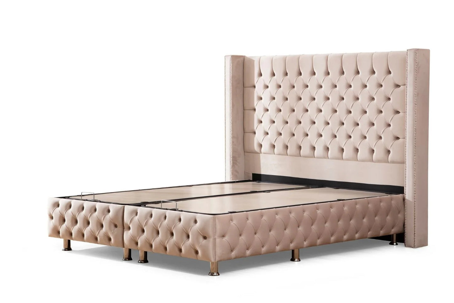 Lit Double Coffre Capitonné En Velours - Clouté Beige