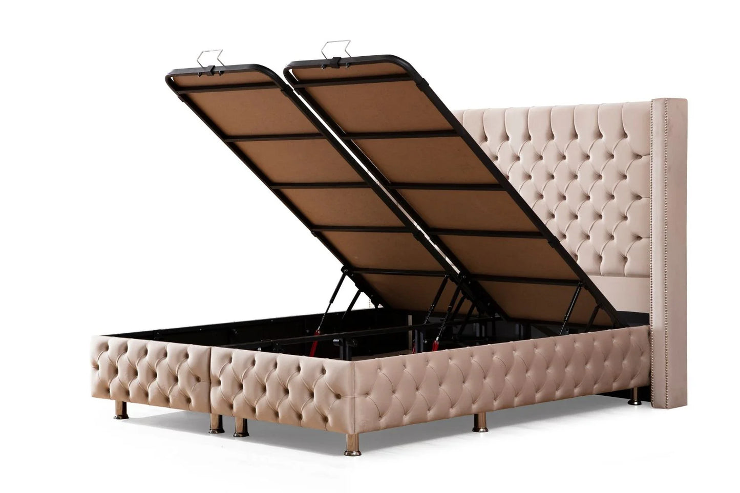 Lit Double Coffre Capitonné En Velours - Clouté Beige