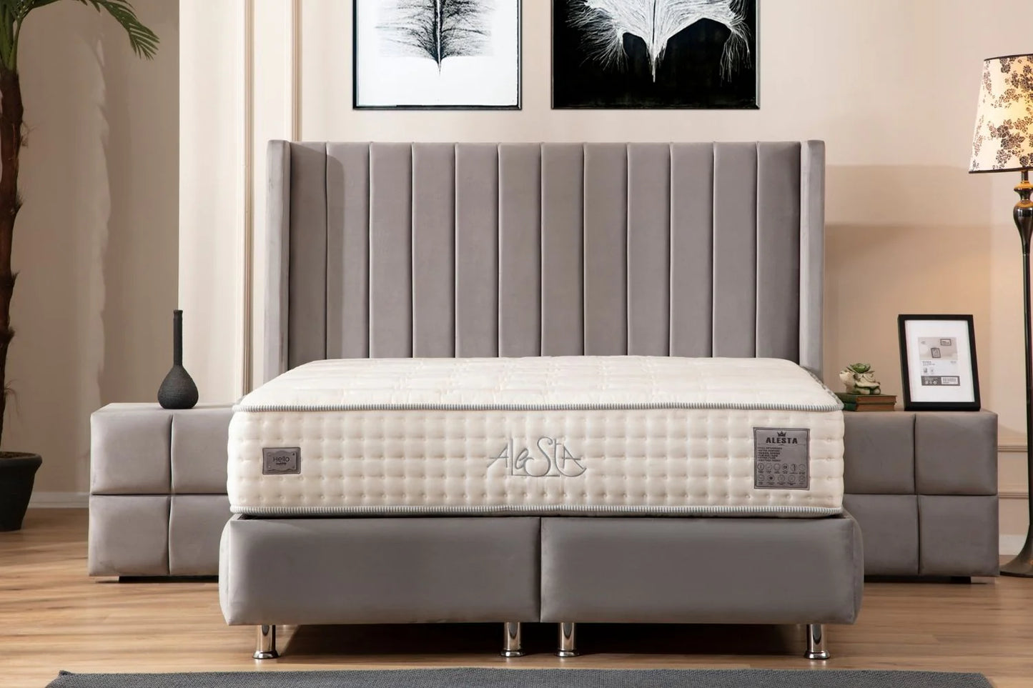 Lit Double Coffre En Velours - Tokyo Gris