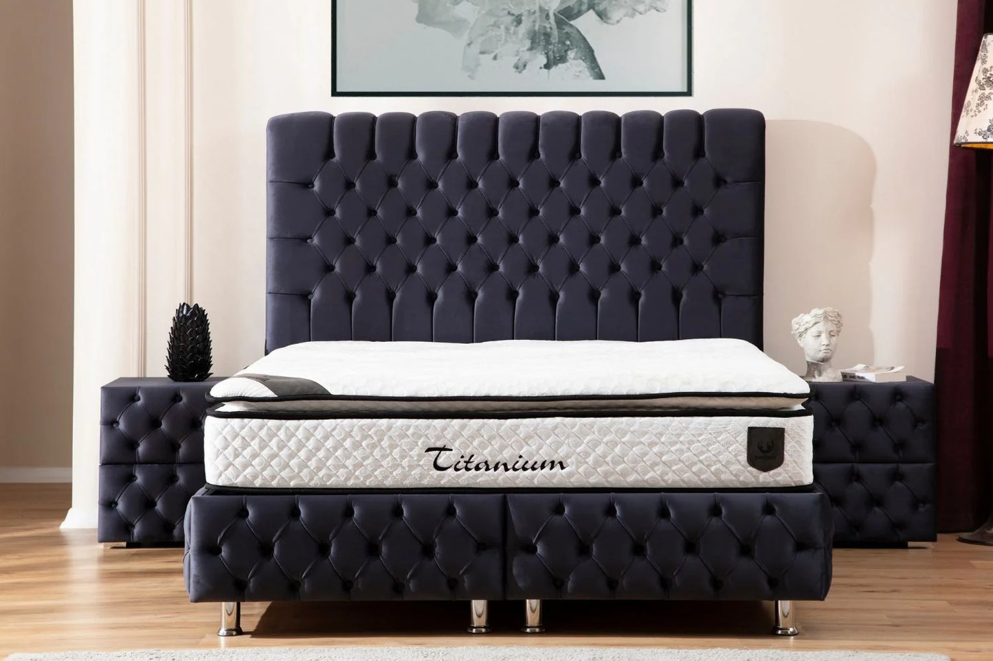 Lit Double Coffre En Velours - Luna Anthracite