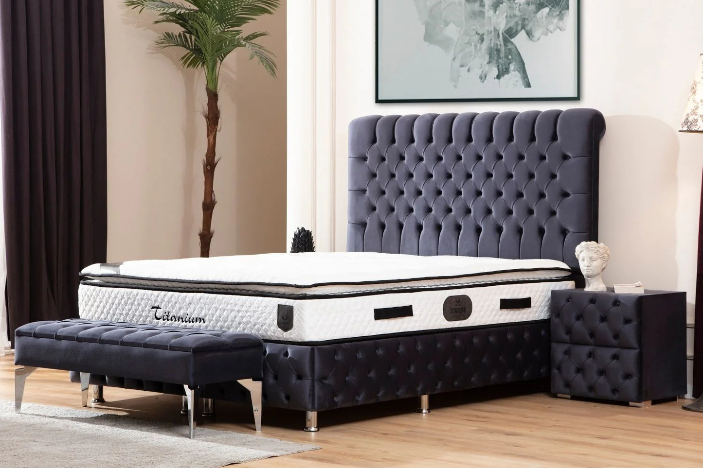 Lit Double Coffre En Velours - Luna Anthracite