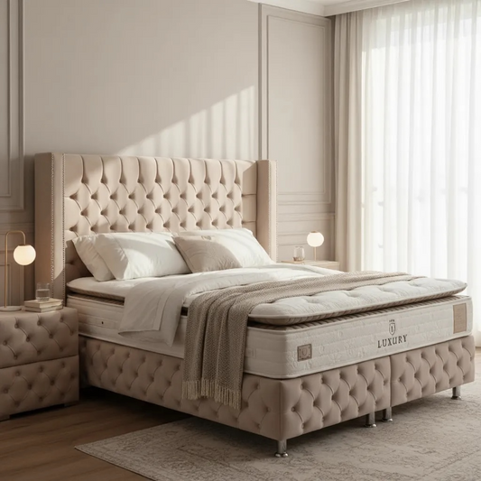 Lit Double Coffre Capitonné En Velours - Clouté  Beige