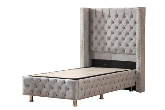 Lit coffre enfant capitonné En Velours - Clouté Gris - 90x190