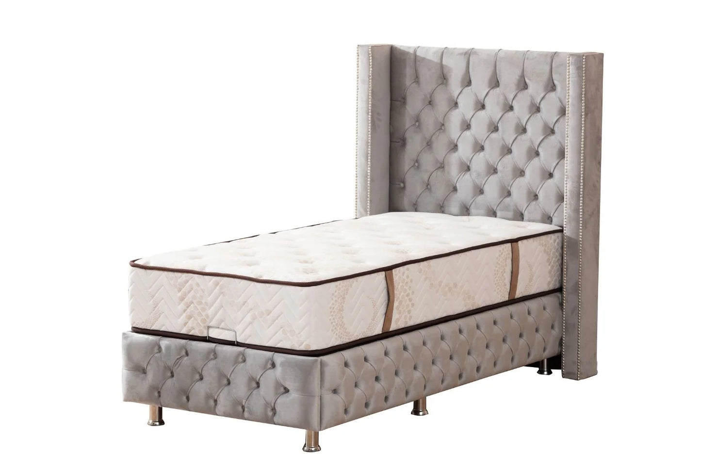Lit coffre enfant capitonné En Velours - Clouté Gris - 90x190