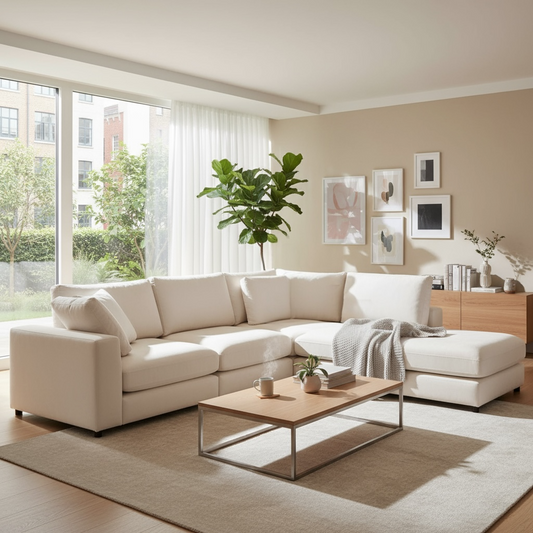 Canapé Modulable Julia Velours Blanc Cassé  - 3+1 Pouf & 4+1 Pouf